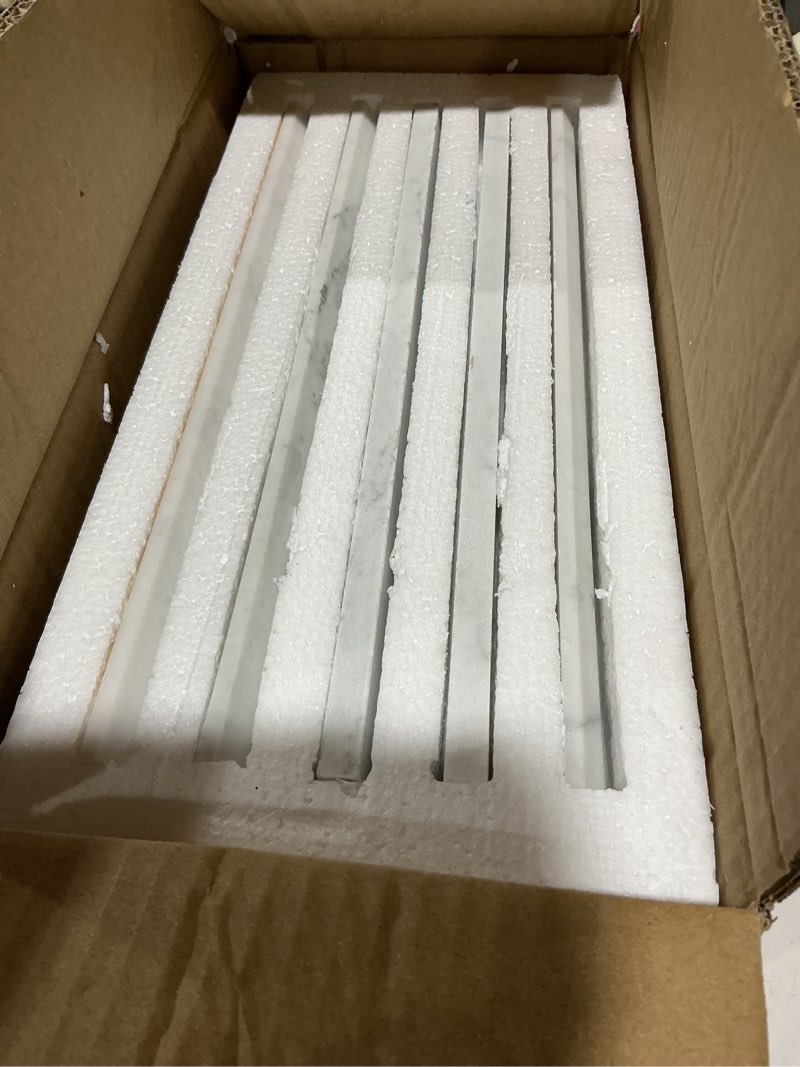 Condition photo showing As Is for carrara white marble pencil liner tile, 10-pack marble tile edge trim molding 3/8x12 inch polished for kitchen backsplash, bathroom shower wall carrara white 3/8x12 inch-10 pack