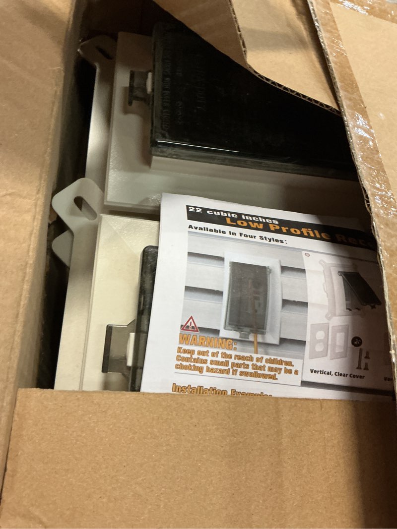 Condition photo showing As Is for 2pcs recessed outlet box, dbvs1c-1 low profile electrical boxes, wall plate kit for new vinyl siding, duplex & decorator style covers,1-gang, vertical, clear clear vertical; 1-gang