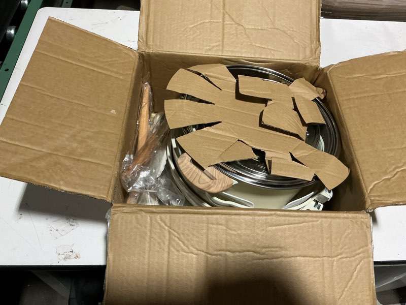 Condition photo showing As Is for kikcoin 16pcs ceramic pots and pans set non stick, includes a 9.5" grill pan, induction kitchen cookware sets, white nonstick rv kitchen camping cooking sets stackable (ptfe, pfos, pfoa free) ceramic white 16 piece