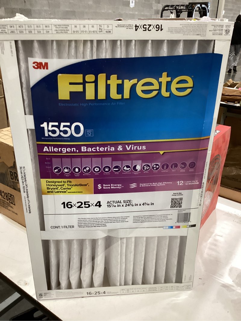 Condition photo showing Good Condition for filtrete 16 x 20 x 4 merv 12 1550 mpr allergen, bacteria and virus electrostatic pleated air filter
