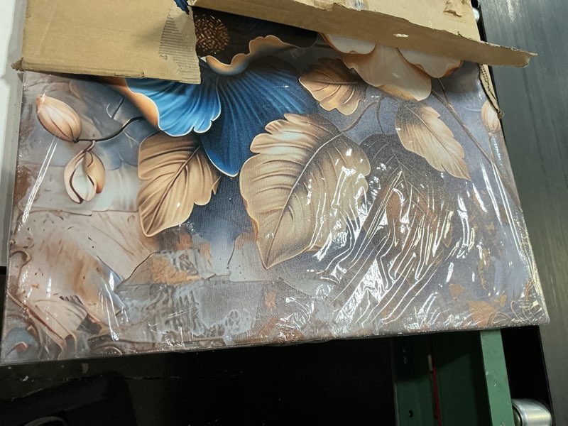 Condition photo showing New/Like New for modern floral canvas wall art blue and white flower market wall decor pictures abstract background golden leaf poster prints for living room bedroom office home decoration 24x36in ready to hang canvas 36"l x 24"w