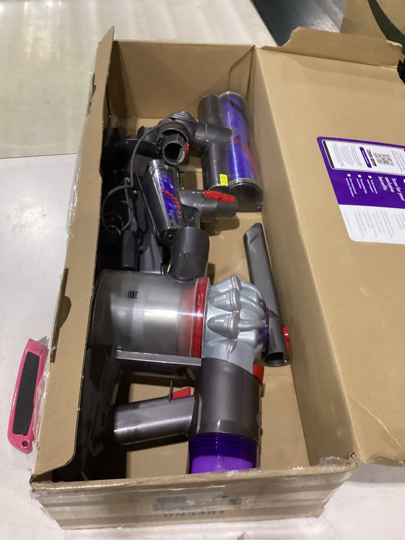 Condition photo showing As Is for missing parts dyson v8 plus cordless vacuum, cleans hard floors and carpets, detangles, converts to handheld, 115aw, 2 power modes, up to 40 minutes¹