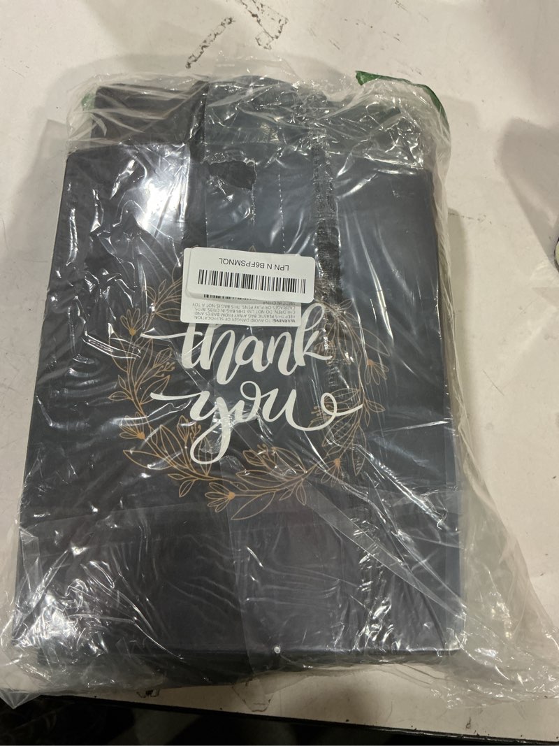Condition photo showing Good Condition for qielser thank you gift bags bulk 50 pcs 8x4.75x10 inches medium black kraft paper bags with handles, tissue paper, and hang tags for retail shopping, wedding, baby shower holiday, party black(50pcs)