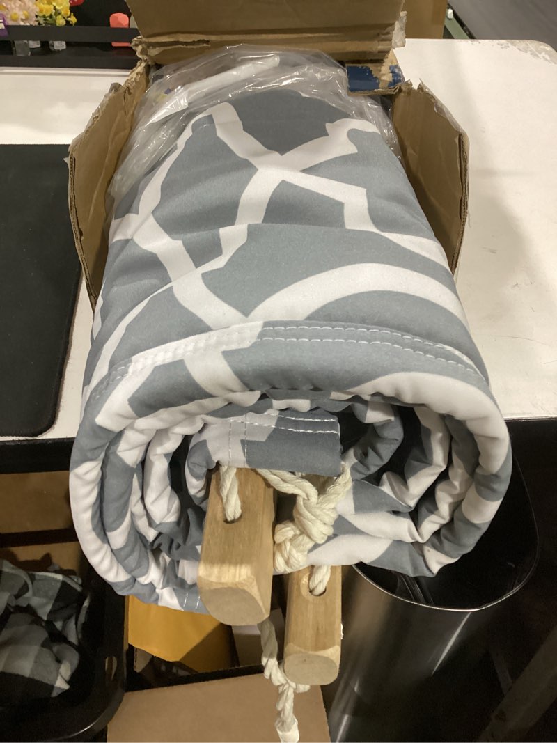 Condition photo showing Good Condition for suncreat double quilted hammock with hardwood spreader bar, extra large soft pillow, heavy duty 2 person hammock for indoor, outdoor, grey pattern