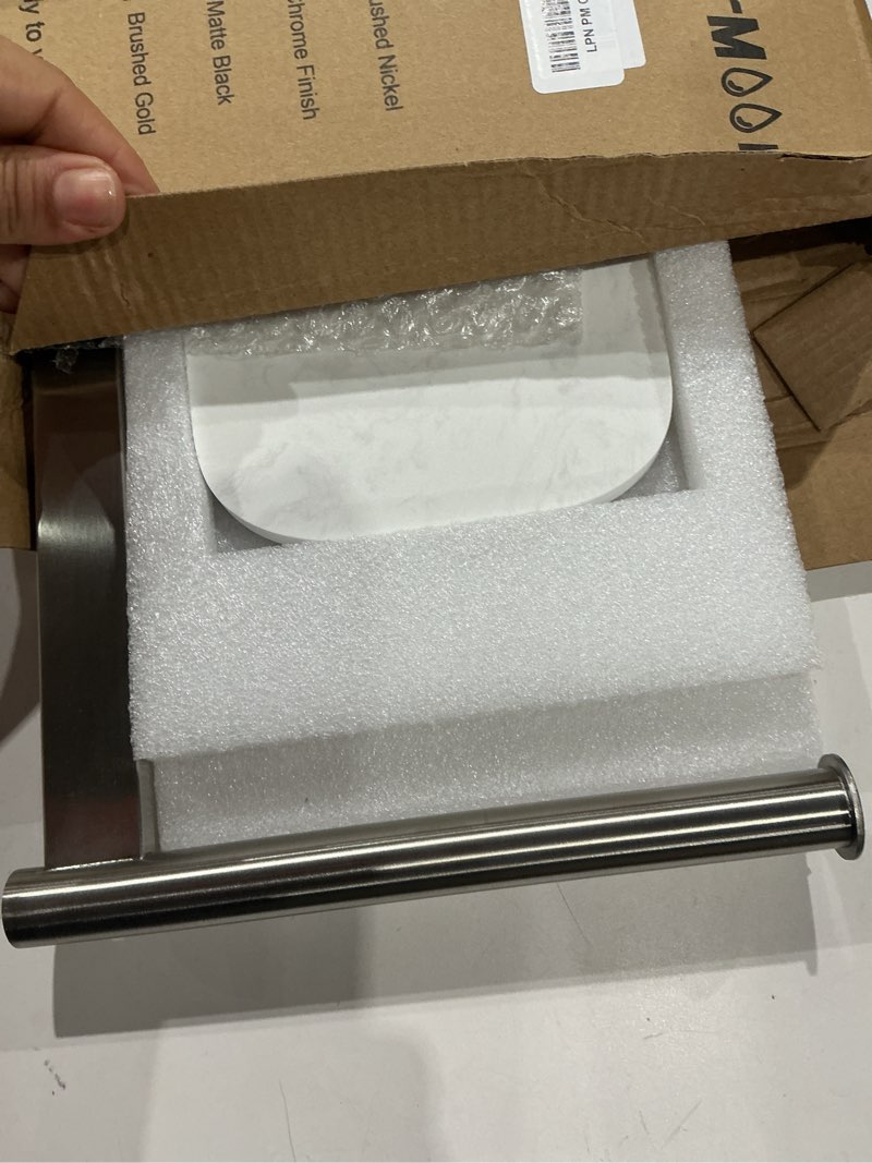 Condition photo showing Good Condition for nearmoon hand towel holder with balanced marble base, 304 stainless steel stand towel ring l shape hand towel rack free-standing towel bar for bathroom kitchen countertop (single rod, brushed nickel) single rod brushed nickel