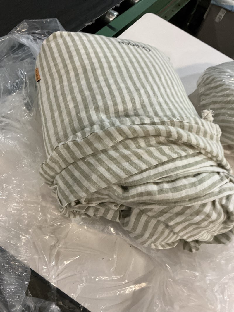 Condition photo showing As Is for quince european linen stripe deluxe bedding bundle, queen, willowleaf/white stripe 3pcs