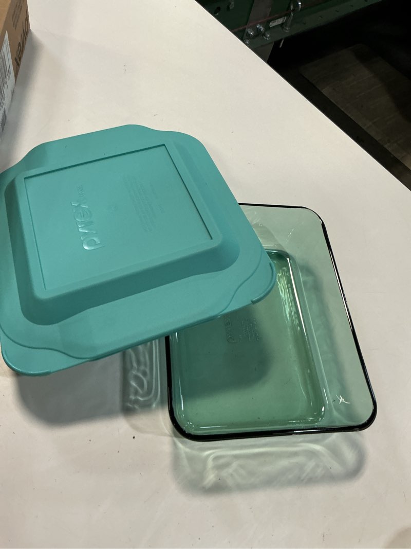 Condition photo showing As Is for Pyrex Colors Tinted (8x8) Glass Baking Dish with BPA-Free Lid, Oblong Bakeware Glass Pan For Casserole & Lasagna, Dishwasher, Freezer, Microwave and Pre-Heated Oven Safe, Smoke 8x8 Smoke