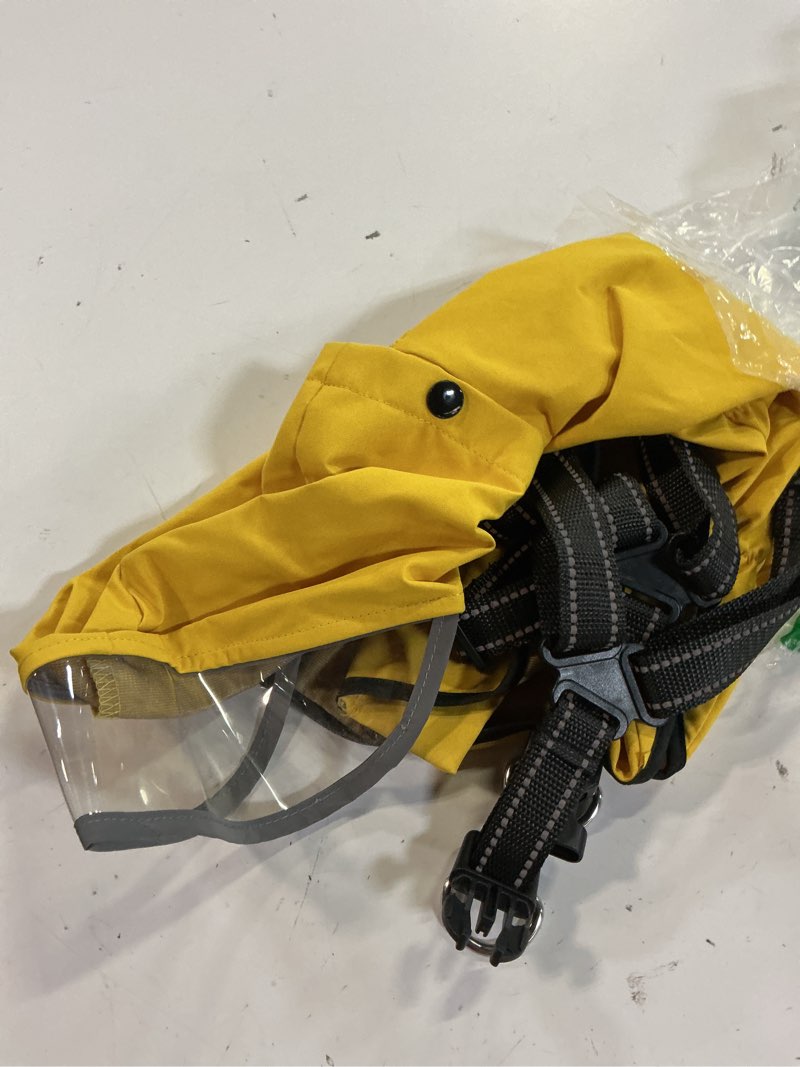 Condition photo showing As Is for dog raincoat: dog rain jacket with reflective harness & removable hood | waterproof dogs rain coat poncho for large medium small dogs puppies (yellow - m)