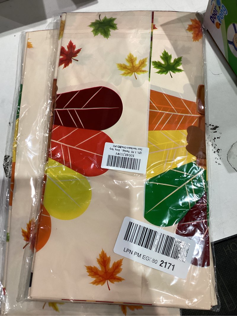 Condition photo showing New/Like New for QZYL 3 Pack Thanksgiving Tablecloths, 54" x 108" Fall Disposable Table Cloth, Maple Leaves Turkey Tablecloth Rectangle Plastic Tablecover, Thanksgiving Table Decor Fall Decorations for Home Thanksgiving 3pcs 54x108 in