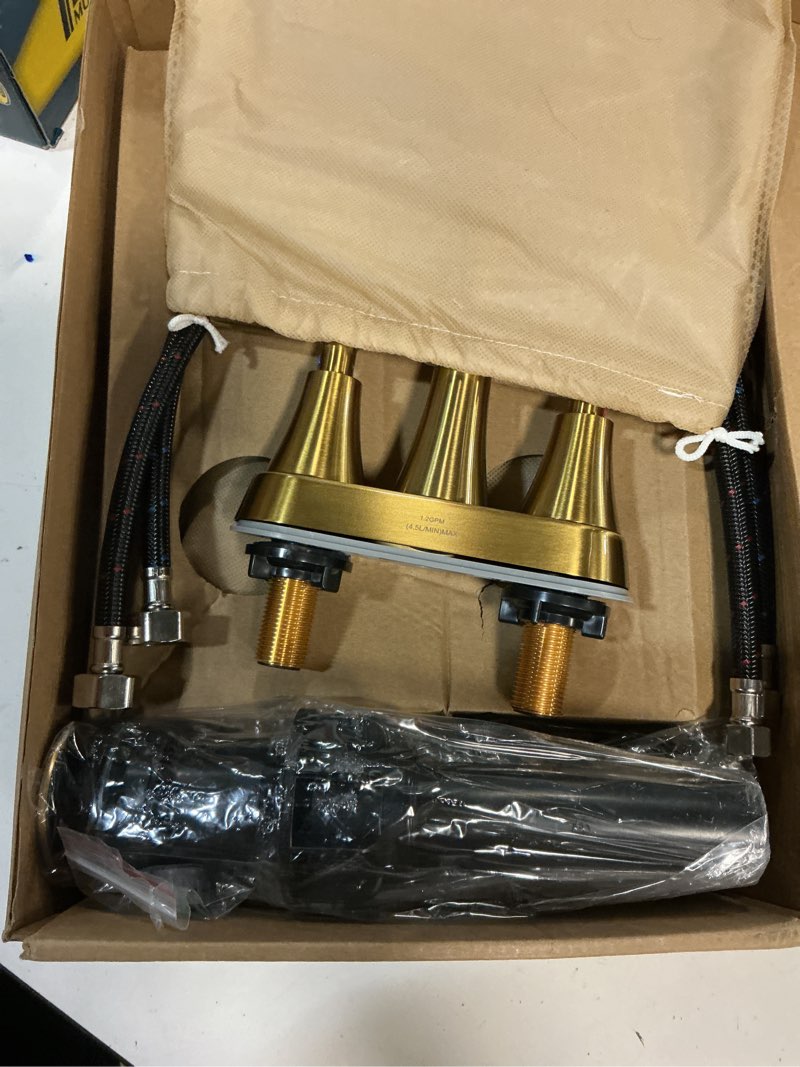 Condition photo showing New/Like New for Bathroom Faucets for Sink 3 Hole, Hurran 4 inch Brushed Gold Bathroom Sink Faucet with Pop-up Drain and Supply Hoses, Stainless Steel Lead-Free Centerset Faucet for Vanity RV, 2 Pack Brushed Gold X 2