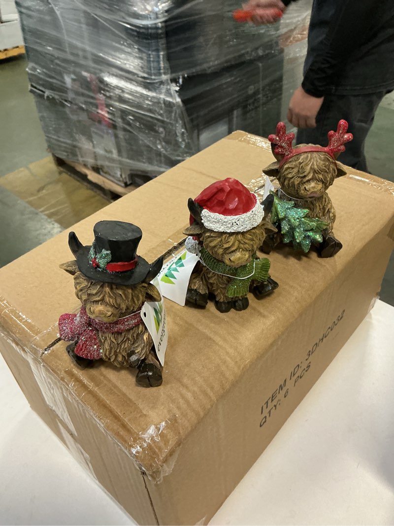 Condition photo showing New/Like New for ASHLEY GIFTS Woodland Storybook Table Décor Holiday Highland Cow Resin, Assortments, 4.5\" H set of 6