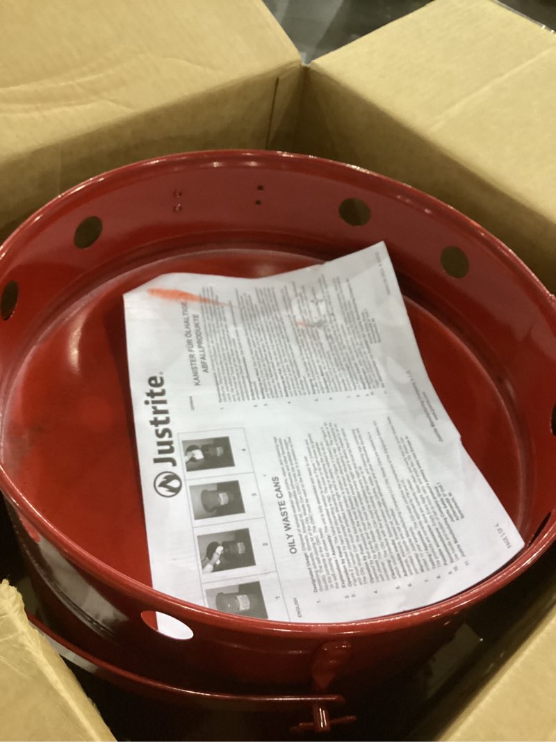 Condition photo showing Good Condition for Justrite 10 Gallon Galvanized Steel Oily Waste Can, 18" x 14" Metal Oil Rag Safety Can With Foot Operated Self-Closing Lid for Oil Rag Disposal, Made in the USA, Red, 09300 Red 10 Gallon Foot-Operated Lid