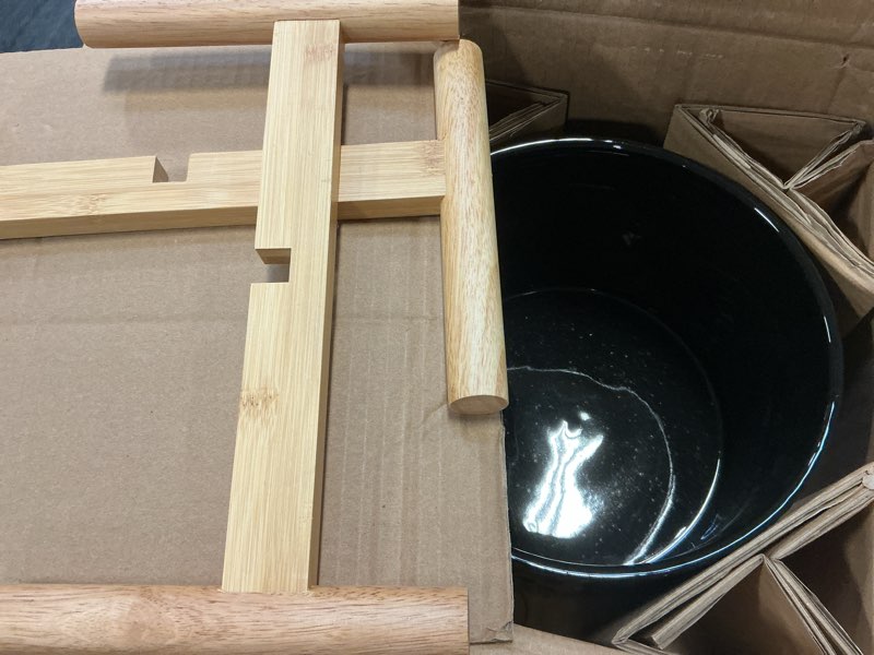 Condition photo showing Good Condition for LaDoVita Ceramic Plant Pot with Stand, 10 Inch Planter with Wood Shelf, Modern Round Flower Pots Indoor with Wood Planter Holder, Black Water Ripple Pattern 10 In Black