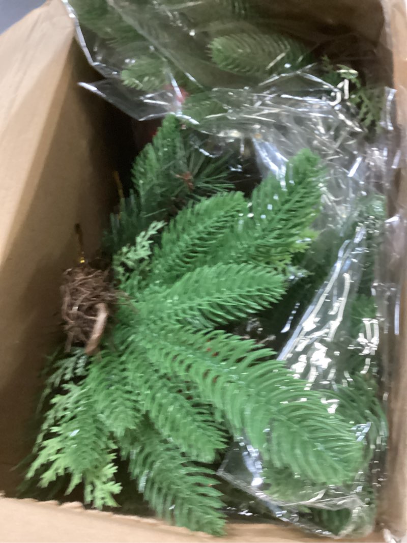 Condition photo showing As Is for Lyrow 80 Pcs Christmas Artificial Pine 4 Styles Artificial Pine Branches Faux Leaves Needle Plastic Pine Fake Greenery Pick Greenery Christmas Tree for DIY Christmas Wreaths Home Wall Party Decoration