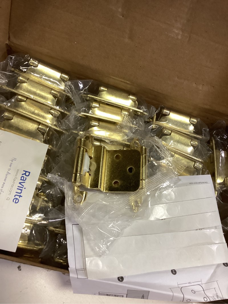 Condition photo showing Good Condition for Ravinte 50 Packs (25 Pairs) 3/8" Inset Gold Cabinet Hinge,Self Closing Hinges for Kitchen/Bathroom/Furniture Cabinets & Doors,Decorative Cabinet Hardware Kitchen Cabinet Hinge with Door Bumper 50 Gold
