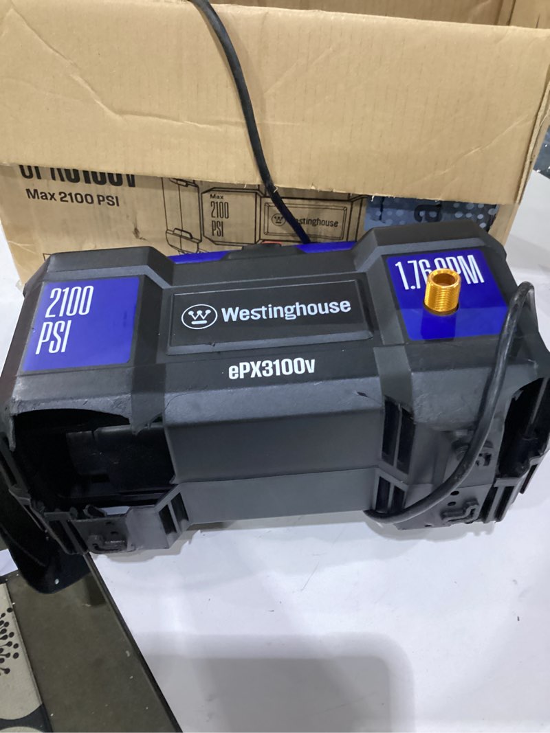Condition photo showing As Is for not tested**** westinghouse epx3100v electric pressure washer, 2100 max psi 1.76 max gpm, built-in carry handle, detachable foam cannon, pro-style steel wand, 3-nozzle set, for cars/fences/driveways/home/patios 2100 max psi - handheld