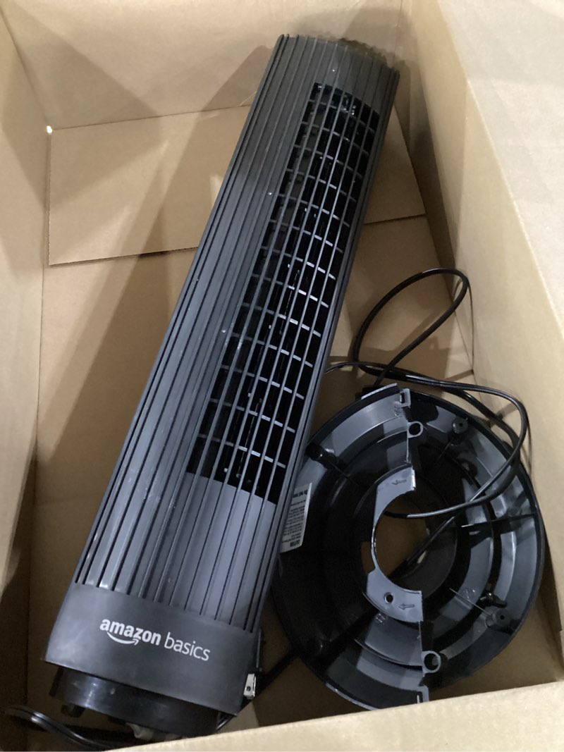 Condition photo showing As Is for not tested, broken base***** amazon basics 28\\\" 60-degree oscillating tower fan with powerful airflow for bedroom, living room, office, 3 speeds, mechanical control, air circulator, 35w, 27.8\\\"h x 9.4\\\"d x 9.4\\\"w, black 28\\\" - mechanical control