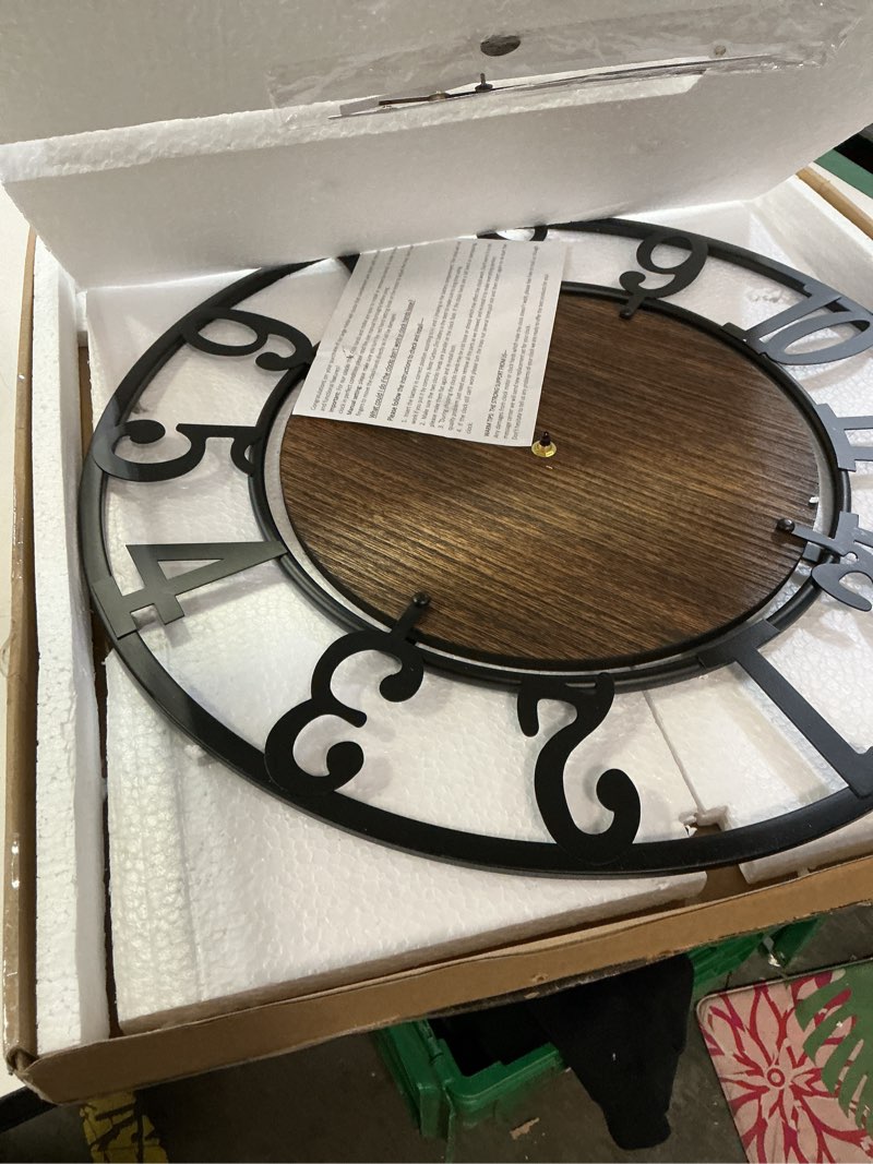 Condition photo showing Good Condition for maxstar round wall clock for living room decor battery operated non ticking silent vintage black metal wood clocks for home living room garden farmhouse office kitchen decoration -13 inch black-arabic numerals 13 inch