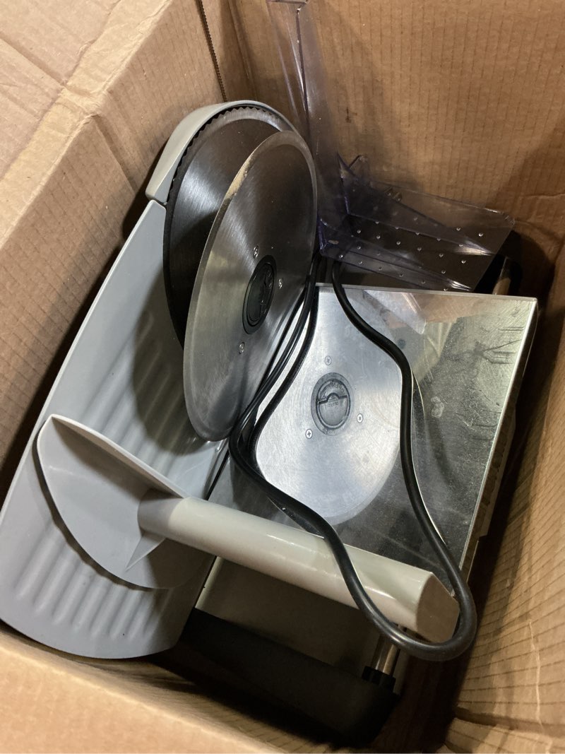 Condition photo showing As Is for FOHERE 200W Meat Slicer Machine for Home, Electric Food Slicer with Two 7.5" Sharp Stainless Steel Blade(Serrated + Smooth) 0-15mm Precise Thickness Deli Meat Slicer for Bread Fruit Vegetable(Silver)