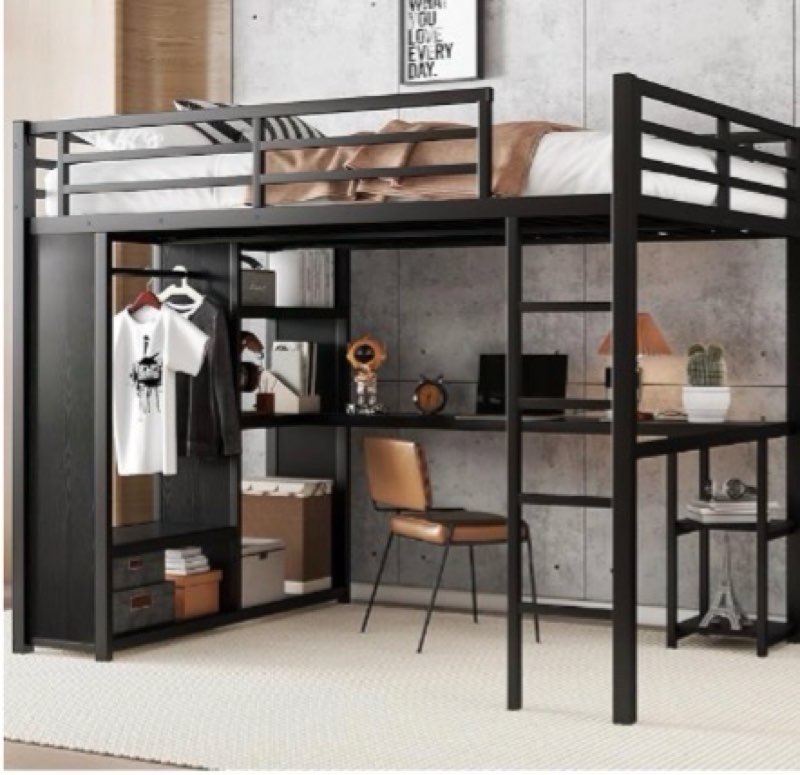 queen size loft bed with desk and storage shelves, queen loft bed with wardrobe and hanging rod, gam