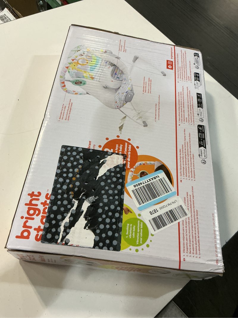 Condition photo showing New/Like New for bright starts baby bouncer soothing vibrations infant seat - removable -toy bar, nonslip feet, 0-6 months up to 20 lbs (safari fun)