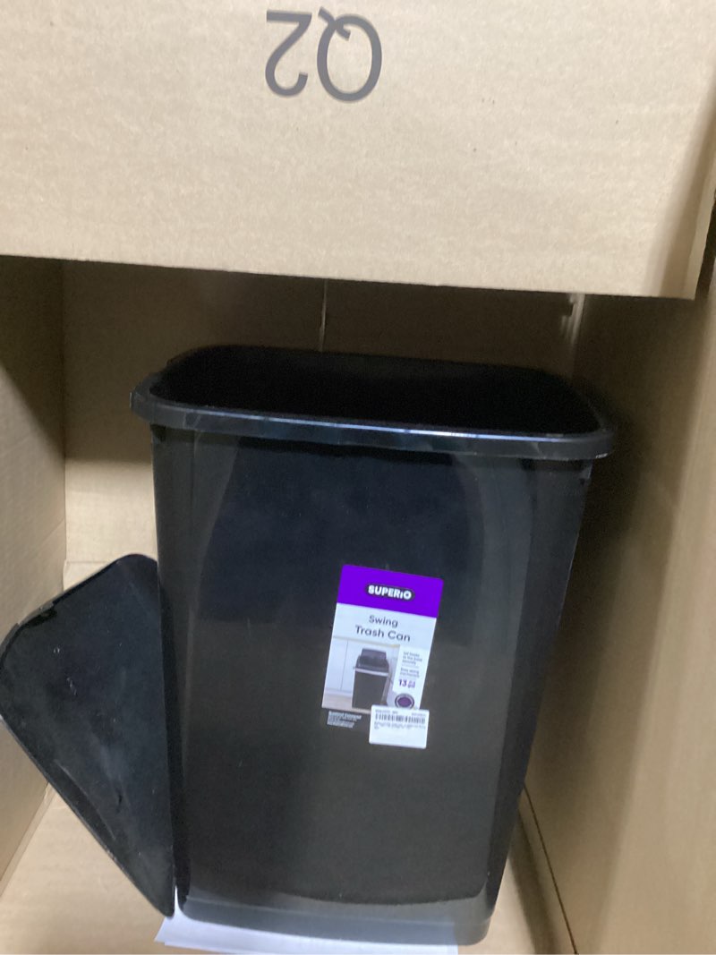 Condition photo showing As Is for Superio Kitchen Trash Can 13 Gallon with Swing Lid, Plastic Tall Garbage Can Outdoor and Indoor, Large 52 Qt Recycle Bin and Waste Basket for Home, Office, Garage, Patio, Restaraunt (Black), 1 Count 13 Gallon 1 Pack