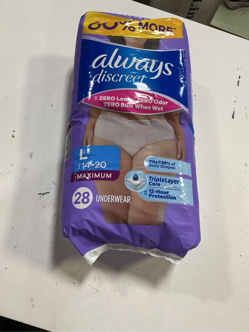 Condition photo showing New/Like New for always discreet adult diapers for women, incontinence underwear, postpartum essentials, disposable briefs, max absorbency, bladder leak protection, large, 28ct large 28