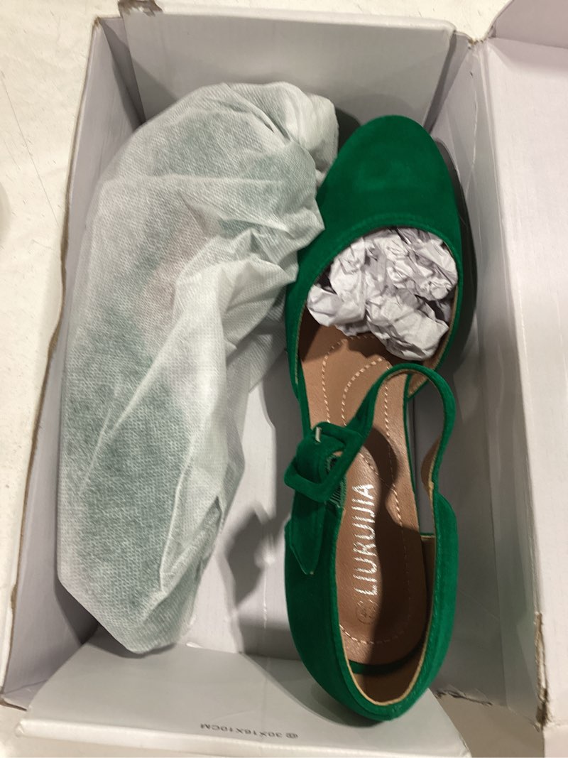 Condition photo showing Good Condition for liuruijia women's closed toe low chunky heel pumps ankle strap dress shoes for work wedding party dance 9 green velvet