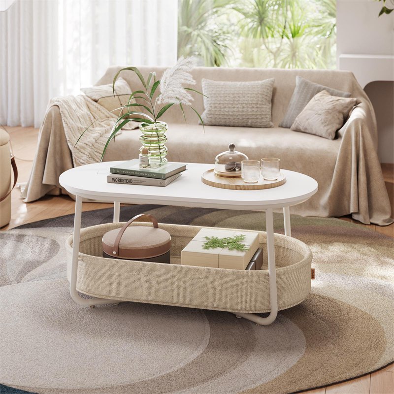 Neili Floor Shelf 39.4" W Coffee Table with Storage Fabric Basket