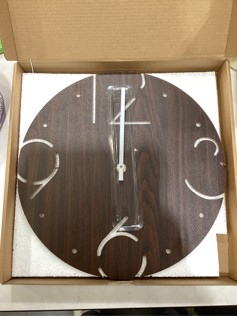 Condition photo showing As Is for Edssica 12" Modern Slim Wood Finish Wall Clock – Mid Century Round Decorative Clock for Living Room,
