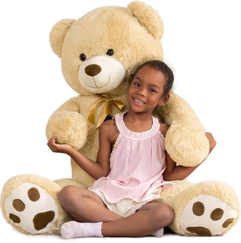 MaoGoLan Giant Teddy Bear Stuffed Animal, 52" Large Tan Teddy Bear Plush Toy with Cute Bow Tie & Footprints, Soft Sunggle Bear Plushies Gift for Kids Grilfriend Wife on Christmas Birthday Baby Shower