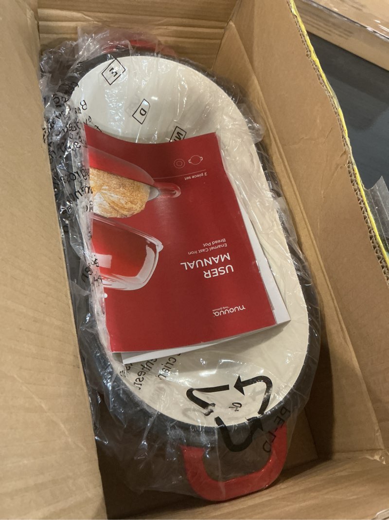 Condition photo showing New/Like New for Dutch Oven For Sourdough Bread Baking – Enamelled Cast Iron Bread Loaf Pot – 500°F Oven Safe Non Stick Bread Pot – Double Round Loaf Space, 16.5cm Diameter, Red, – by Nuovva