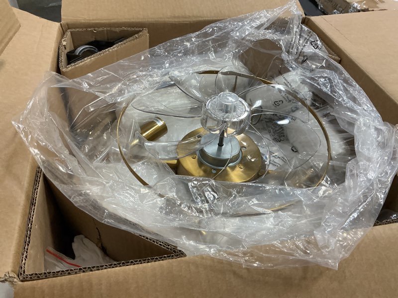 Condition photo showing New/Like New for 20" brass crystal fandelier ceiling fans with lights, caged brass crystal chandelier ceiling fan with light remote control with 6 speeds for bedroom, nursery, living room