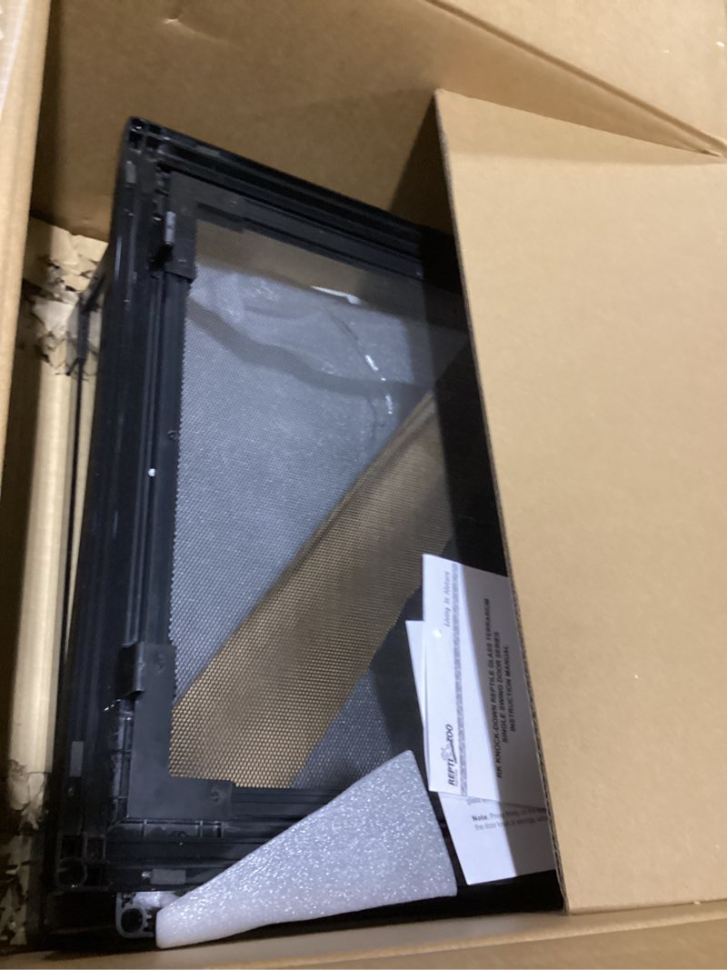Condition photo showing As Is for repti zoo 30 gallon reptile glass terrarium, 18" x 18" x 24" rainforest habitat tank with front opening door, knock-down vertical reptile terrarium with top screen & side mesh ventilation