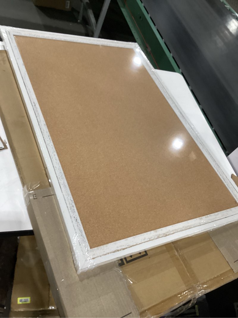 Condition photo showing As Is for Cork Board Bulletin Board, 36" x 24" Corkboard for Wall, Rustic White Wooden Frame, Hanging Pin Board for Home & Office Decor, 10 Push Pins White Frame 36"x24"