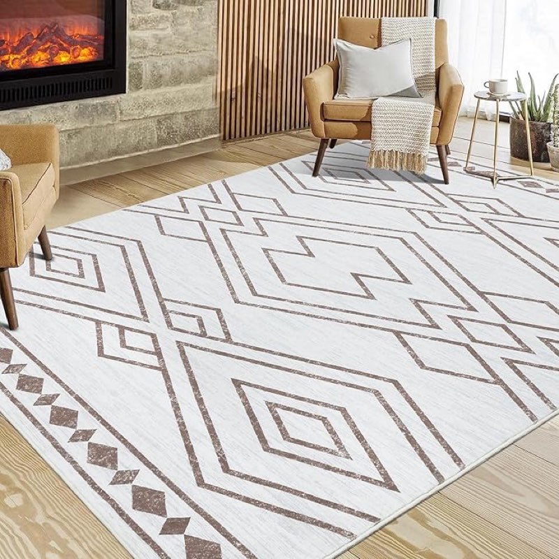 GlowSol Area Rugs 8x10 Washable Rugs Rug for Bedroom Living Room Rug Modern Geometric Rug Non Slip C beige