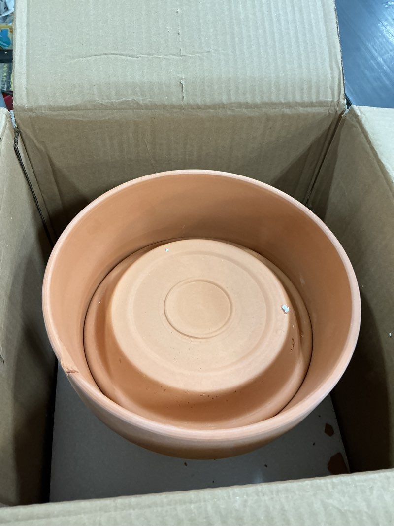 Condition photo showing As Is for INGOFIN Terracotta Pot with Saucer - 10 Inch Ceramic Clay Pot for Plants with Drainage Hole, Large Terra Cotta Flower Planter with Tray for Indoor Outdoor Plants