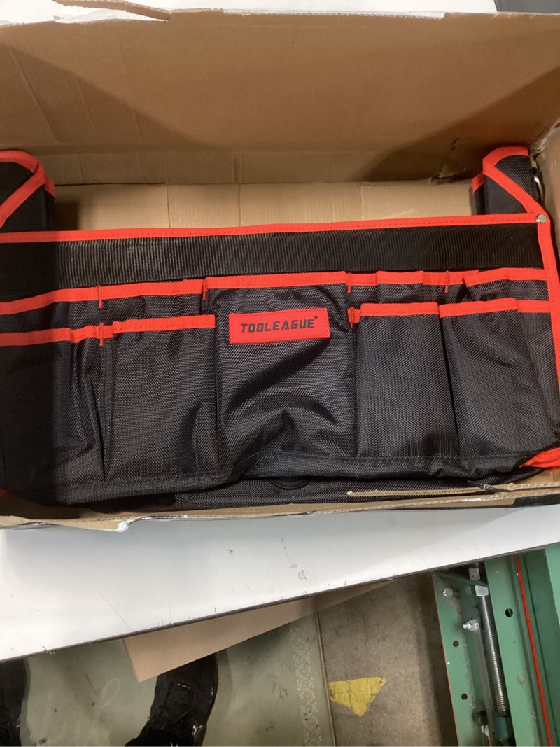 Condition photo showing New/Like New for TOOLEAGUE 19 Inches Heavy Duty Tool Bag 25 Pockets, 1680D Fabric Tool Bags with Strong Molded Base, Multi-pocket Tool Organizer with Adjustable Shoulder Strap 19 inches(Open Top)