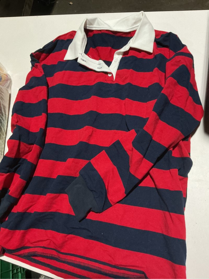 Condition photo showing As Is for women long sleeve striped polo shirt oversized collar y2k pullover t shirt casual loose streetwear rugby sweatshirt small red-blue