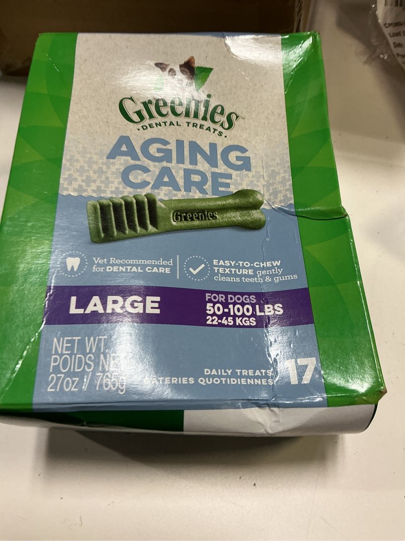 Condition photo showing New/Like New for (Best by:27/oct/25)Greenies Dental Treats for Dogs, Veterinarian-Recommended Aging Care Adult Natural Dental Dog Treats, Large Size, 27 oz. Pack, 17 Count Aging Care 17 Count (Pack of 1)
