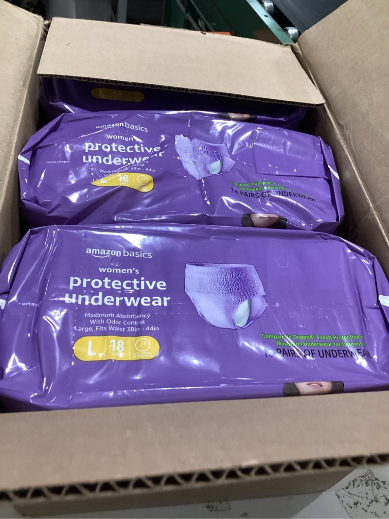 Condition photo showing Good Condition for amazon basics incontinence underwear for women, protective, disposable, postpartum, maximum absorbency, large, lavender, 54 count (3 packs of 18) large 54.0