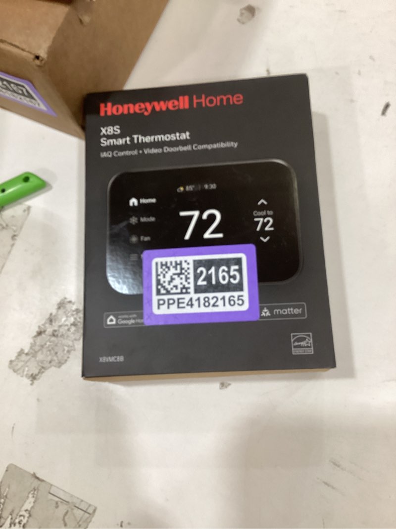 Condition photo showing New/Like New for new honeywell home x8s wifi smart thermostat with video doorbell compatibility, iaq control, and customizable touchscreen display, black