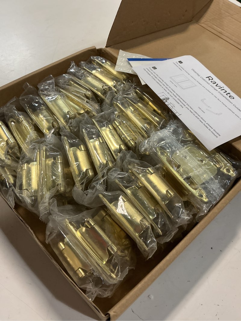 Condition photo showing Good Condition for ravinte 60 pack (30 pairs) 1/2 inch overlay cabinet hinges, self-closing semi-concealed face mount, satin brass decorative hardware with door bumpers for kitchen & cupboard doors, gold gold 60