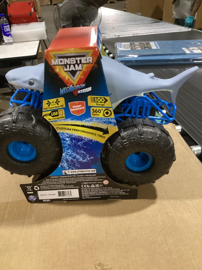 Condition photo showing New/Like New for monster jam, official megalodon storm all-terrain remote control monster truck for boys and girls, 1:15 scale, kids toys for ages 4-6+