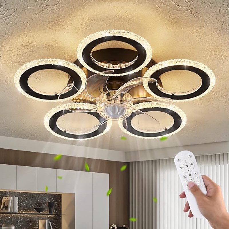 (Incomplete)(similar)21-Inch Ceiling Fan with Lights and Remote Control, Black Geometric, 6 Wind Speeds, 3 Light Color, Low Profile, Flush Mount, for Kitchen, Bedroom, Living Room