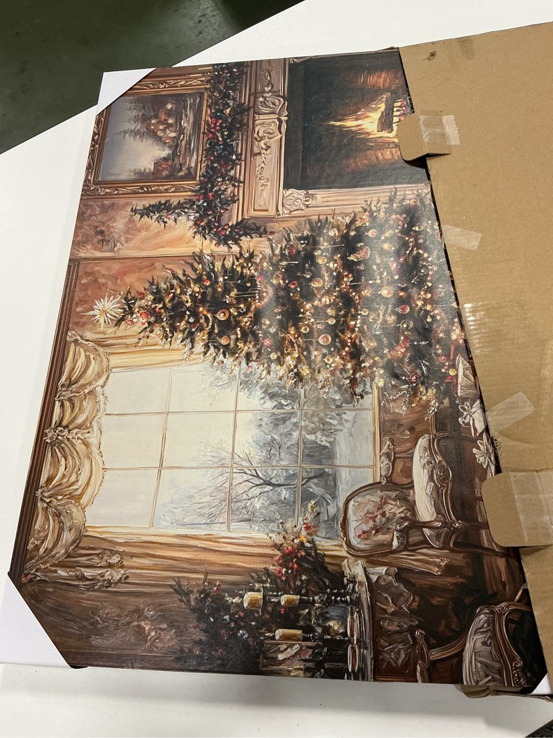 Condition photo showing Good Condition for Artiluxy Christmas LED Canvas Wall Art – 24x18in Lighted Christmas Tree with Fireplace Scene, Battery Operated, Timer Function, Vintage Holiday Décor for Home, Living Room, Entryway.
