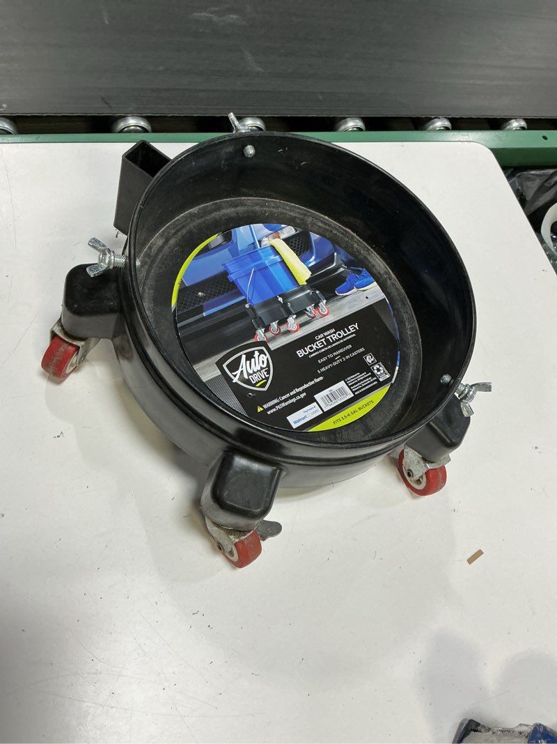 Condition photo showing As Is for auto drive 12-inch heavy duty plastic garage bucket dolly  5 wheel with lockable casters