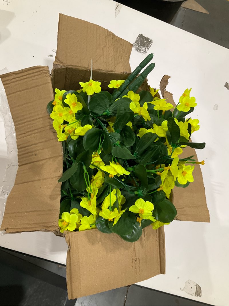 Condition photo showing Good Condition for artificial faux hanging flowers plants baskets for outdoor outside, fake silk yellow orchid trailing vines in planter realistic uv resistant for balcony porch decor
