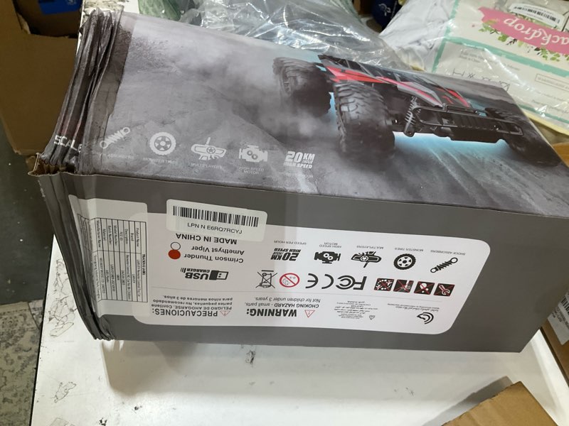 Condition photo showing As Is for 1:16 scale remote control car, 20 km/h high speed remote control truck off road rc monster vehicle with led headlights and chassis lights, electric toy for boys kids and adults crimson thunder