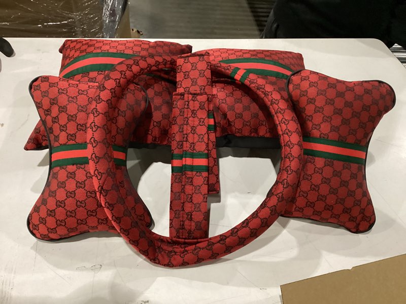 Condition photo showing Good Condition for 5PCS Steering Wheel Cover, with 2 Headrests, 2 Seat Belt Covers - Universal Fit for 14.5-15" Steering Wheel, Enhances Driving Experience - Perfect for Women (Red)